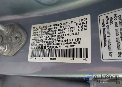 2008 Honda Cr-V Ex-L from USA, damaged, VIN 5J6RE38758L000771